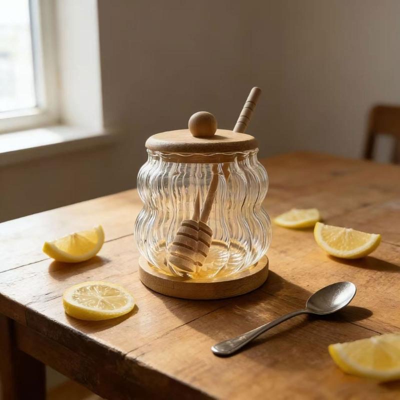 High Borosilicate Glass Jar Shatterproof Temperature Resistant Honeys Container Wood Stirring Stick and Lid for Kitchen