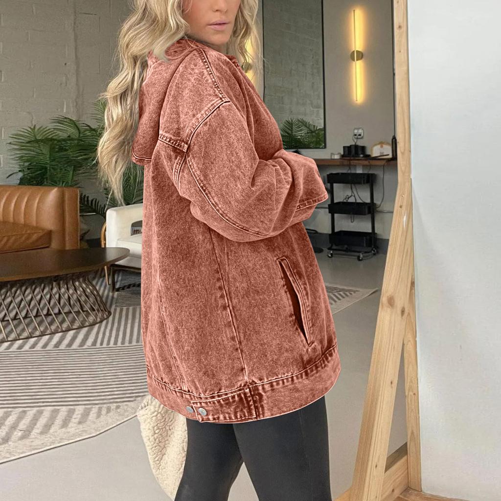 Women's Casual Pullover Denim Jacket Vintage Distressed Jean Hoodie Jacket Tops