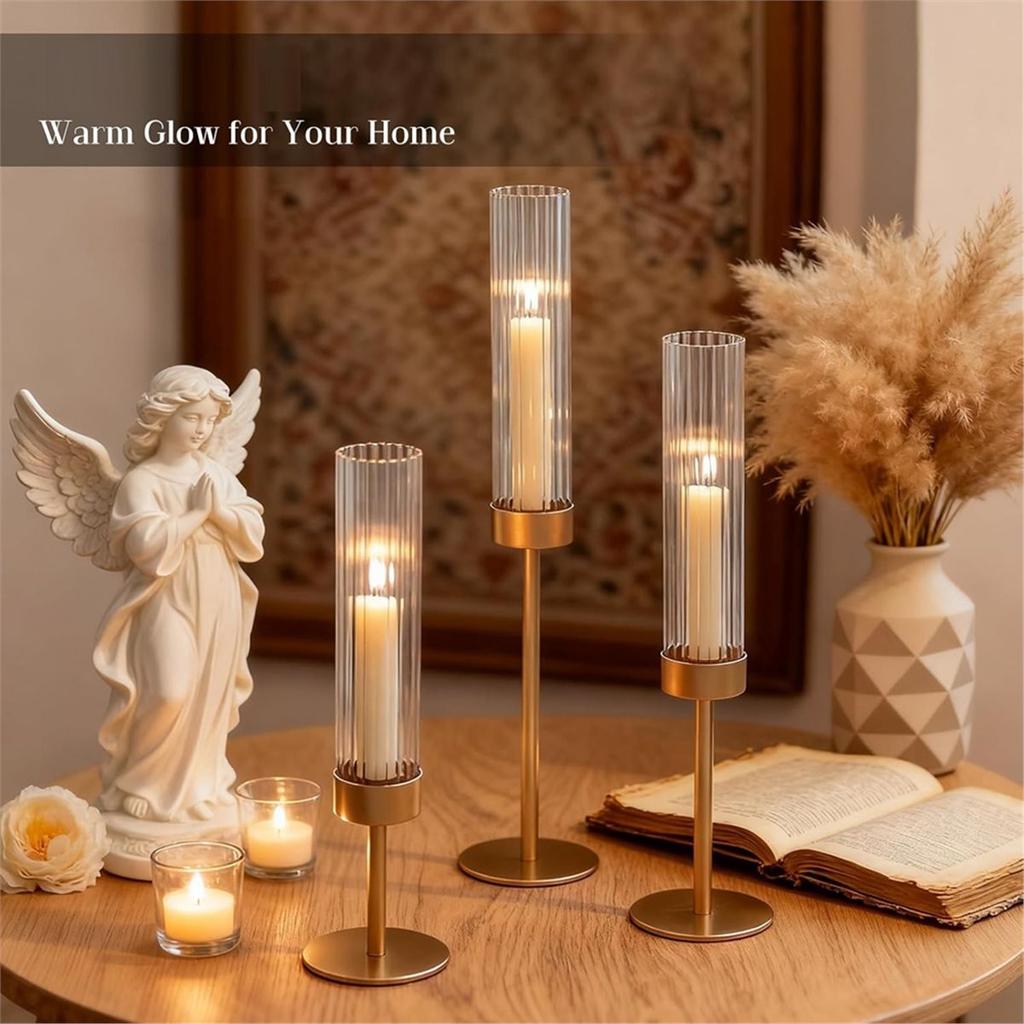 Gold Candle Holders Set of 3, Brass Taper Candle Holders for Candlesticks, Decor for Table Centerpiece, Wedding