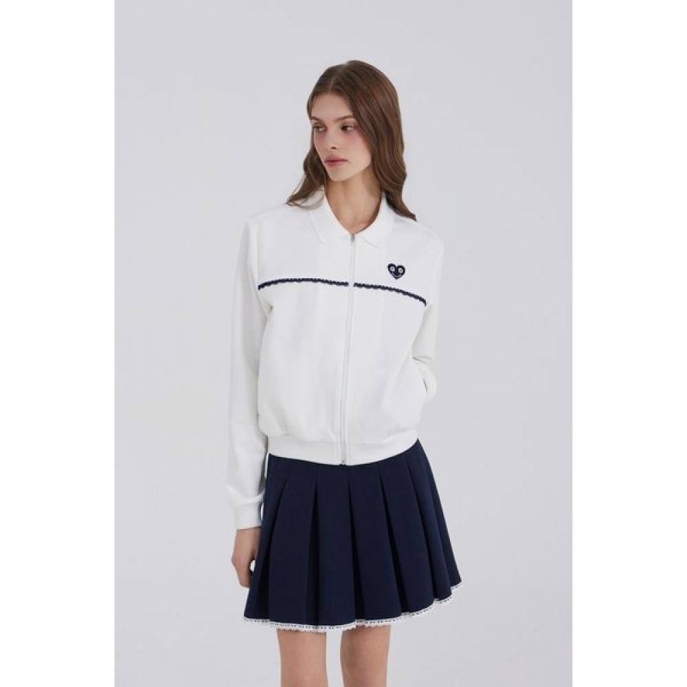 Goxo Smile Heart Lace Collar Zip Up White Navy 