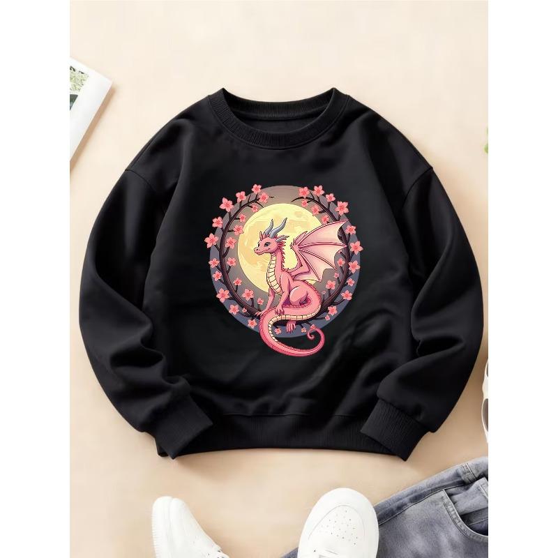 Kids Crewneck Sweatshirt, Cherry Blossom Moon Pink Dragon Dreamy Fantasy Fun Print 110 чёрный