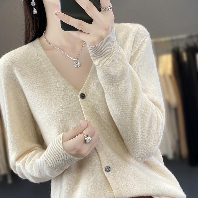 New Arrival: Women's 100% Pure Wool V-Neck Cardigan - Solid Color, Seamless Knit, Button-Up