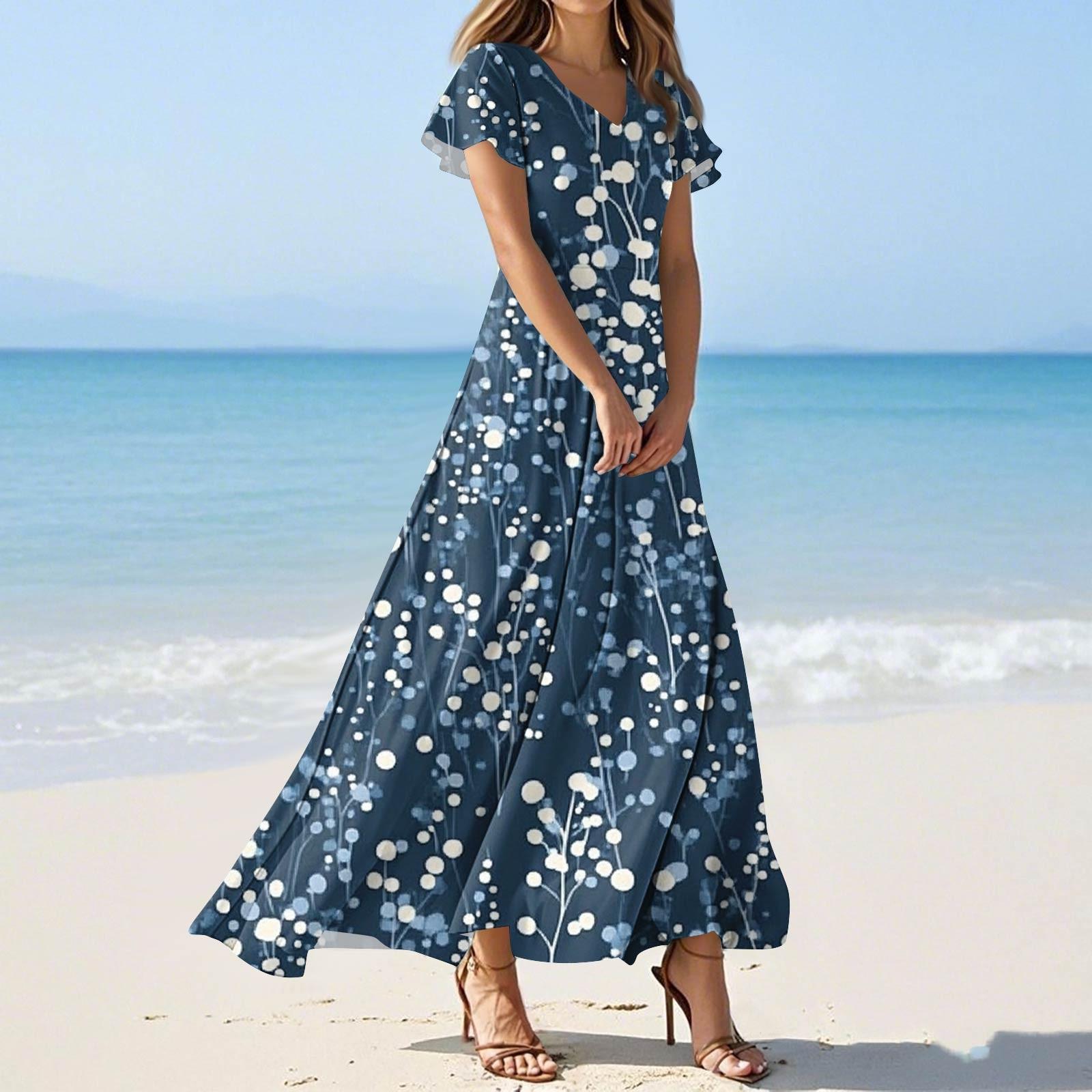 

Жіночі літні модні повсякденні сукні з квітковим принтом Сукні з V-подібним вирізом і короткими рукавами XL синій