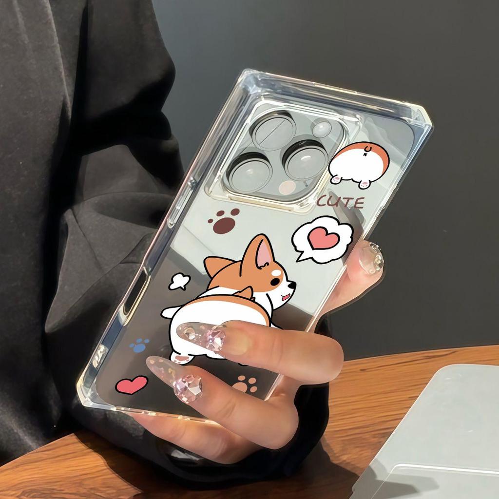 Square Back Tube Protection Clear Case For iPhone 12 11 16 ProMax 14 Pro Max 13 15 Plus Anti-Oxygen,Love Dog Pattern Casing