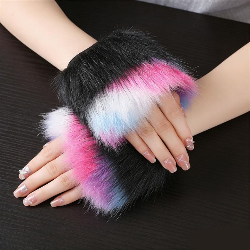 Fingerless Rainbow Fleece Gloves For Winter Soft Plush Warmth Unisex Design Colorful Bear Cosplay