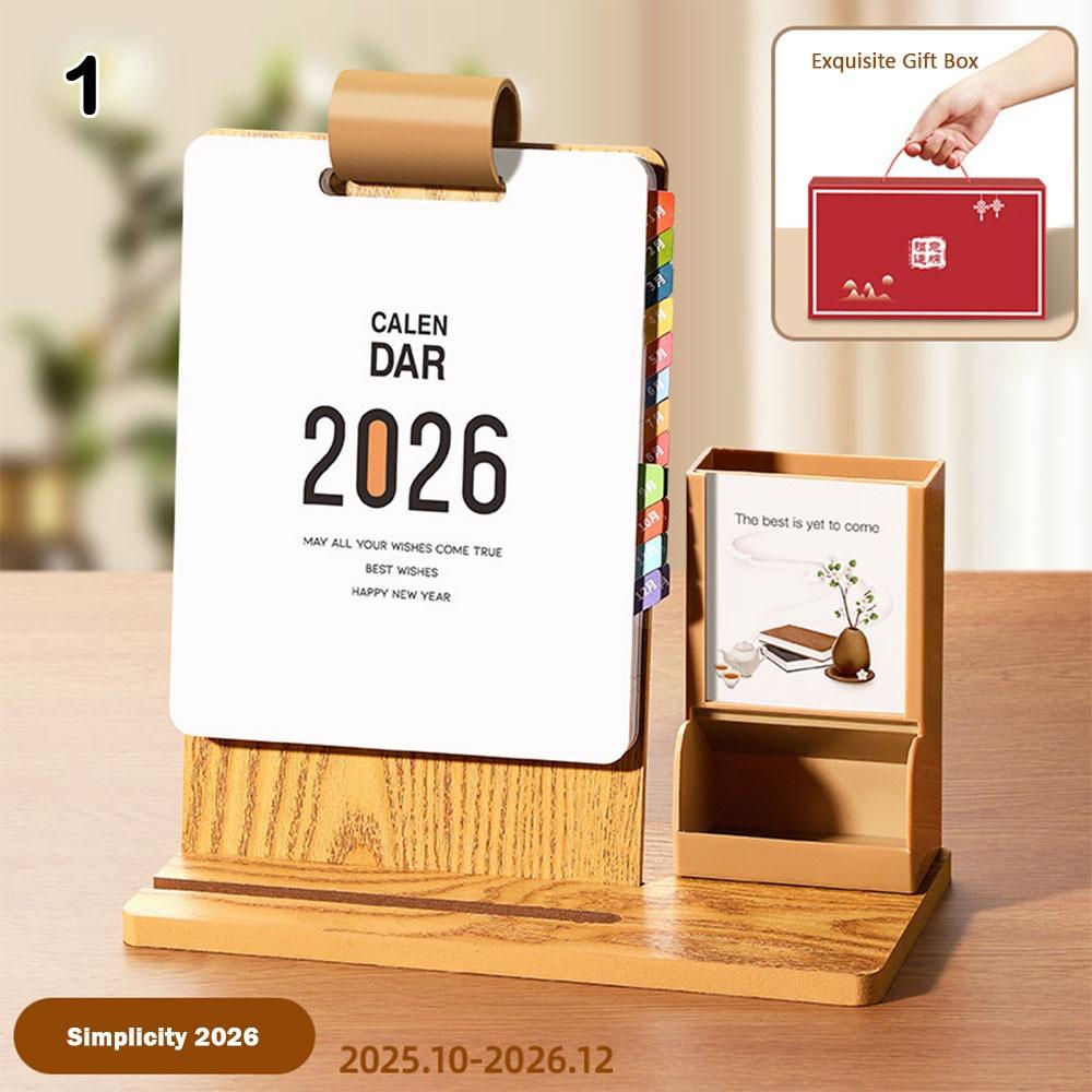 Year of The Horse 2026 Desk Calendar Student Stationery Gift Box Ornamental with Pen Holder Wooden Desktop Ornament
