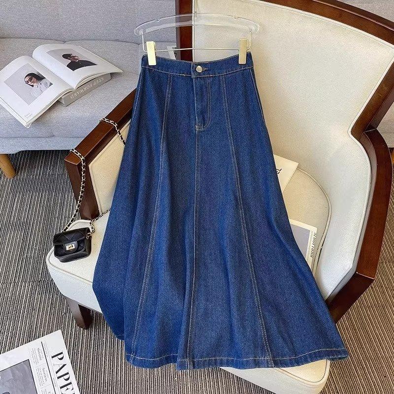 Women's Retro Distressed High-Waisted A-Line Washed Midi Denim Skirt Long Jean Skirts Pleated Flowy Swing A-line Denim Skirts for Women