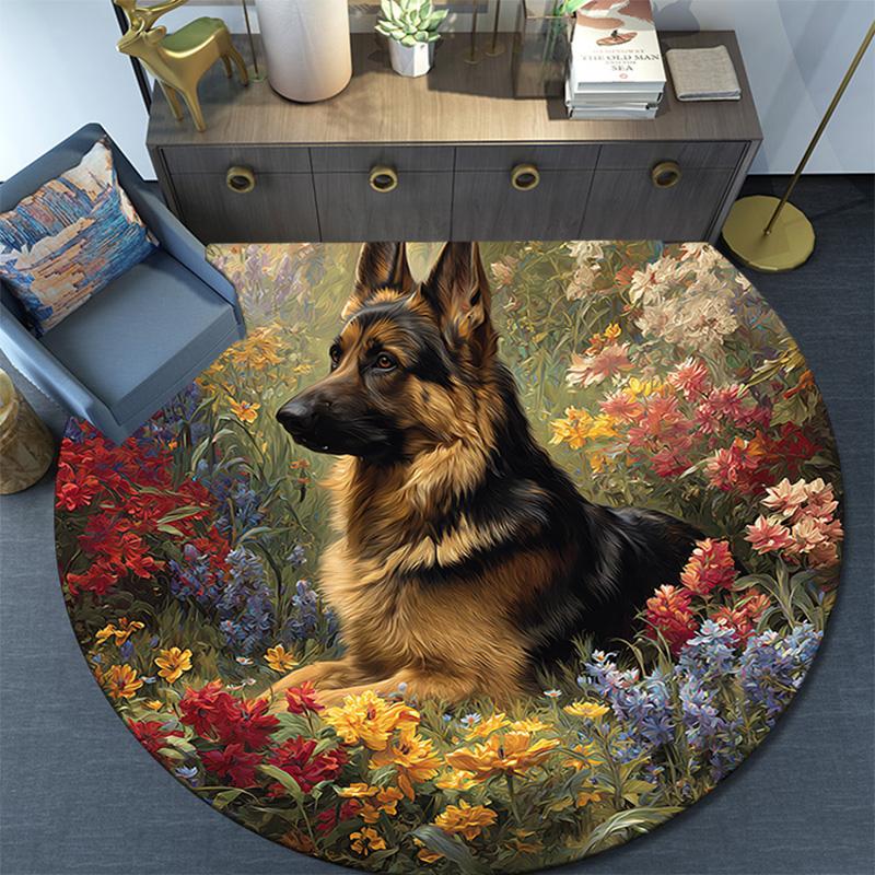 German Shepherd Round Area Rug,Carpet Rug for Living Room Bedroom Sofa Playroom Decor,Non-slip Floor Mat