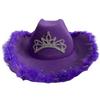 Wedding Party Cowboy Hat Adult Woman LED Feather Tinsel Brim Hat Fedoras Felt Cowboy Hat with Rhinestone Crown Decor