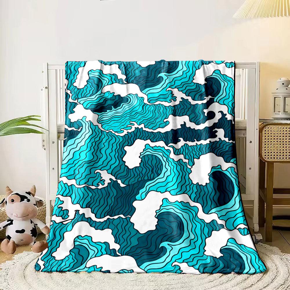 Stylized Multicolored Waves with Bold Outlines and Curved Foam Crests. for All Seasons Blanket Lunch Break Throw Gift