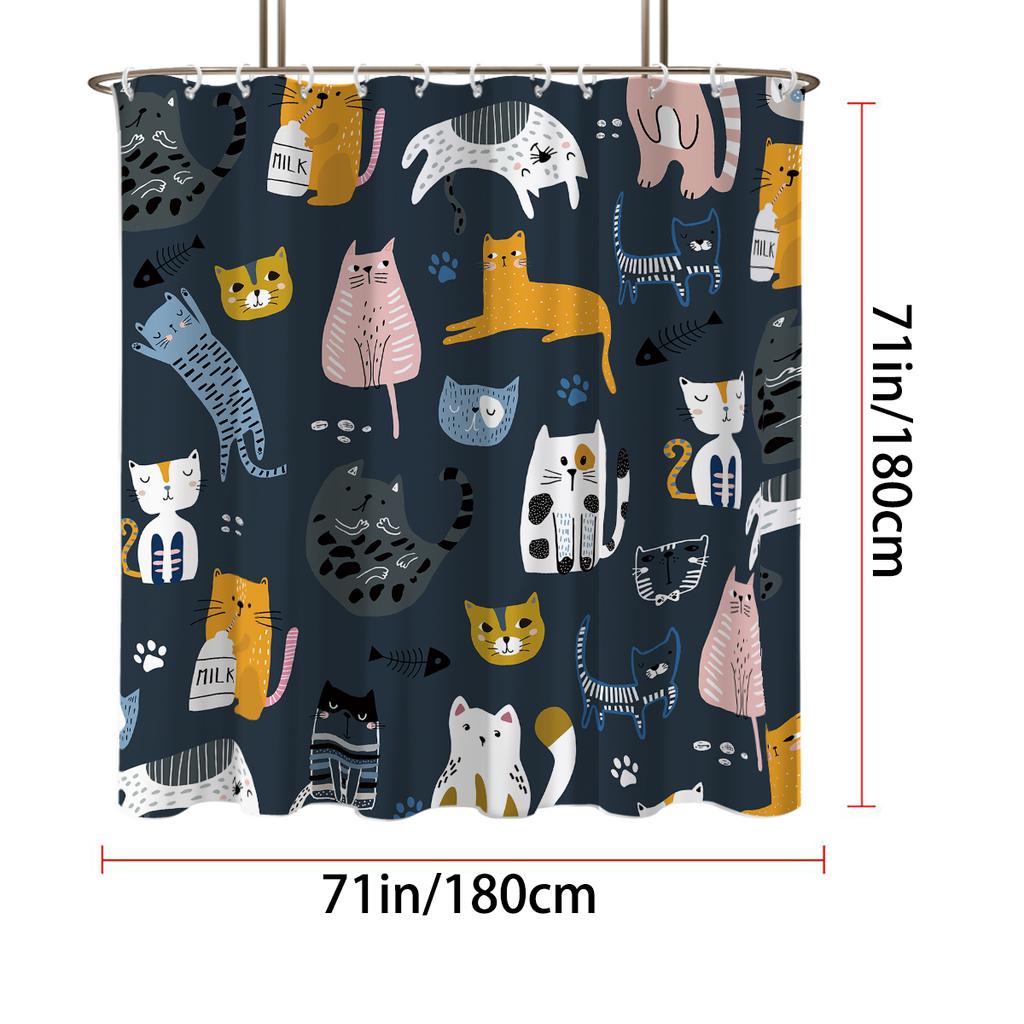 1pc Cartoon Cat Printed Waterproof Shower Curtain, Shower Partition Hanging Curtain with 12 Hooks for Easy Installation