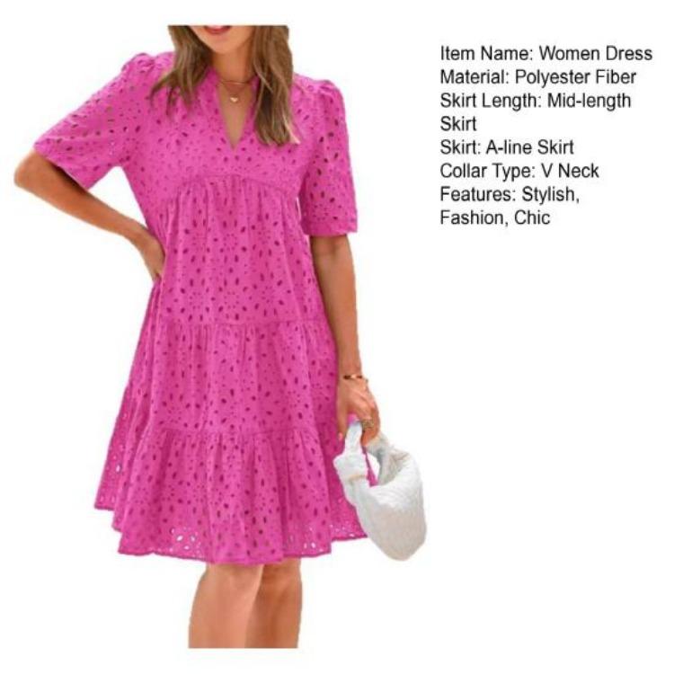 Summer Casual Dress Women V Neck Hollow Eyelet Short Sleeve Midi Sundress Tiered Flowy A Line Beach Dress