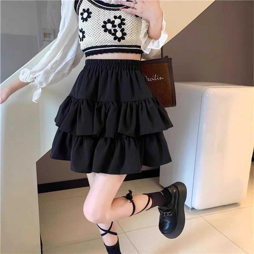 Spring & Autumn 2025 Black Ruffle Midi Skirt - Slimming, Plus Size, High Waist, Fashionable Puff Design