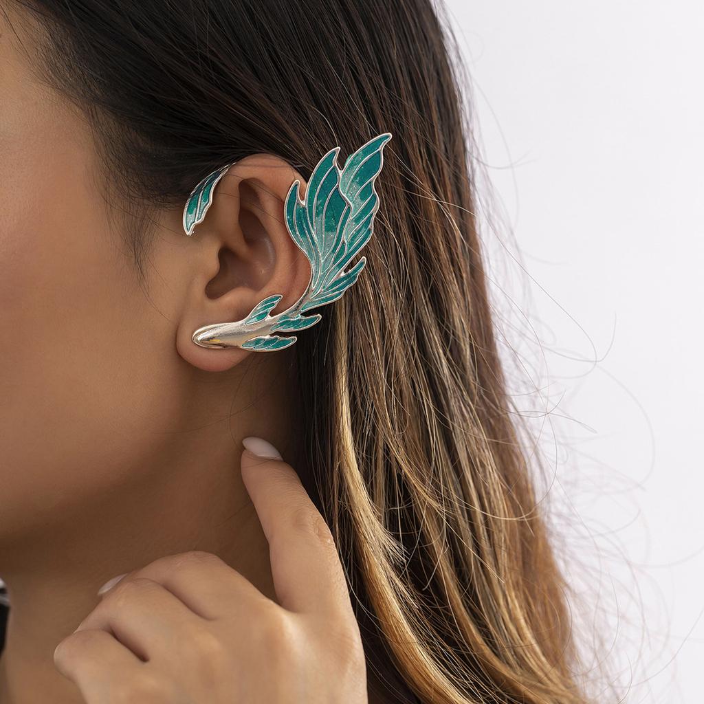 Elf Ear Cuff Earrings Gradient Blue Pierced Ear Wrap Studs Unique Gold-fish Shape Design Fashionable Jewelry for Girls
