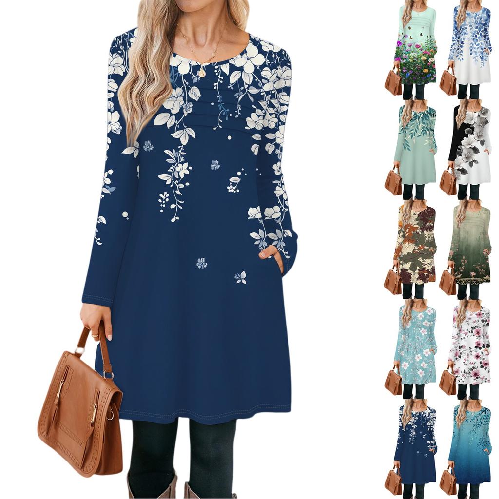 Women's Long Sleeve Dress Fall Casual T Shirt Loose Fit Pleated Front Dresses With Pockets