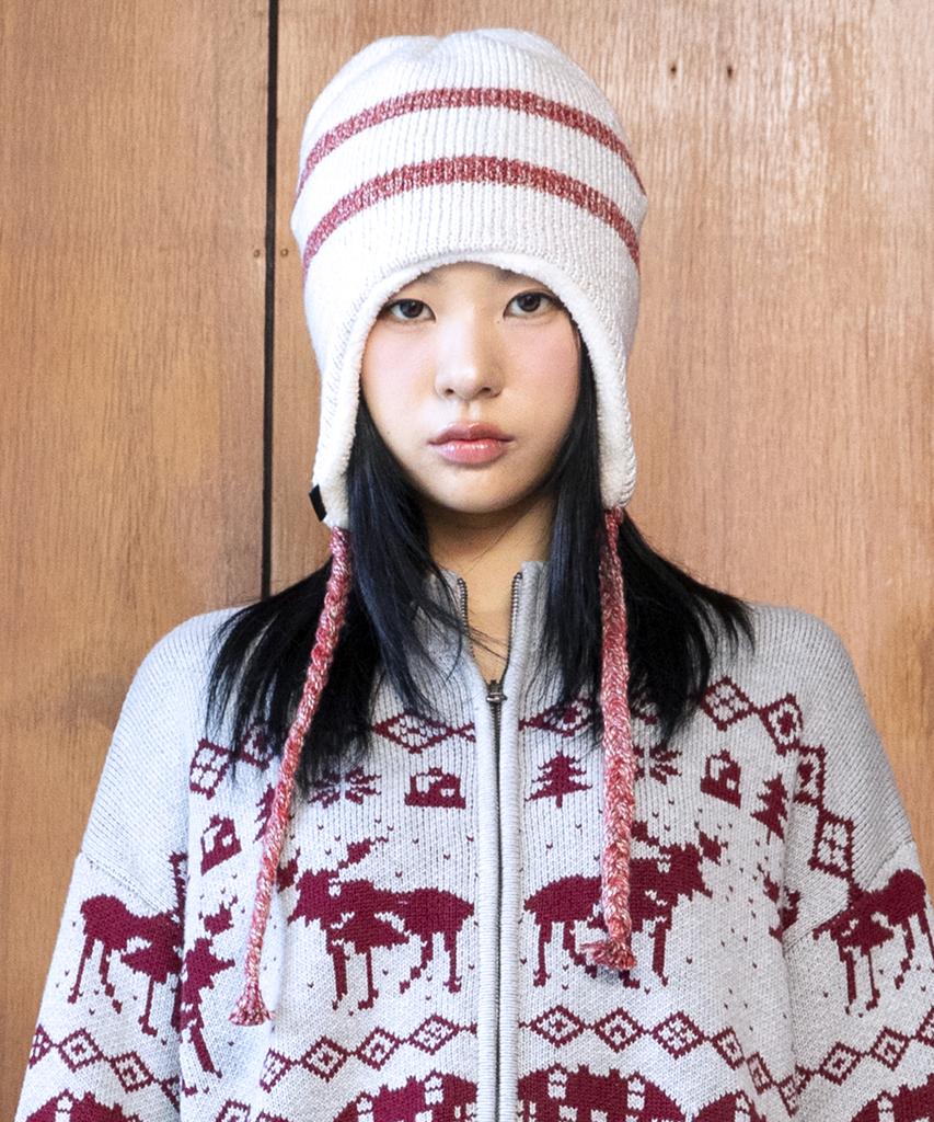 GLACK Gc069 Striped Earflap Beanie (Ivory)