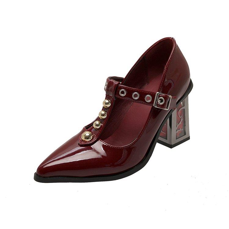 Women's Thick Heel Shoes Spring New Pointed Head Shallow Mouth Rivets Metal Buckle Line Belt High Heels