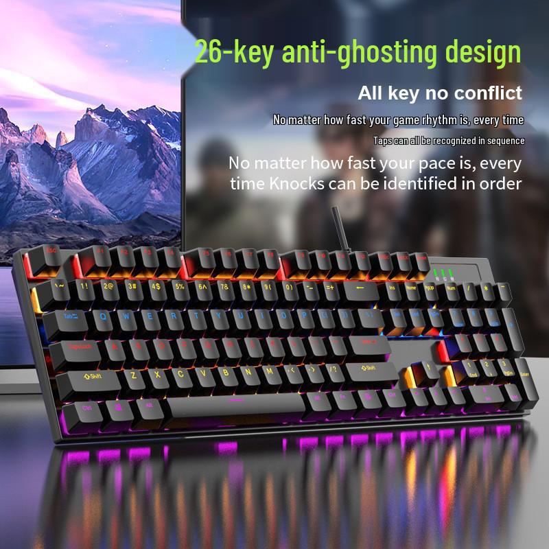 K104 Mechanical Keyboard, Blue Switch, 7-Color Lighting, 26-Key Anti-Ghosting for Office and Gaming.