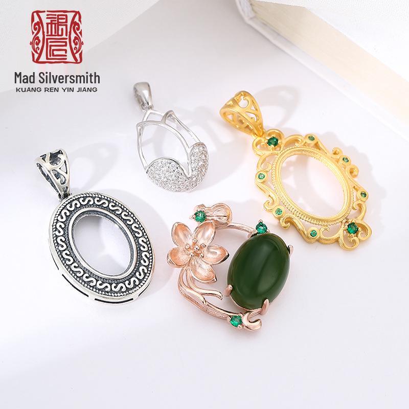

925 Silver Women s Amber & Jade Pendant Necklace DIY Ancient Gold Setting 925 Silver