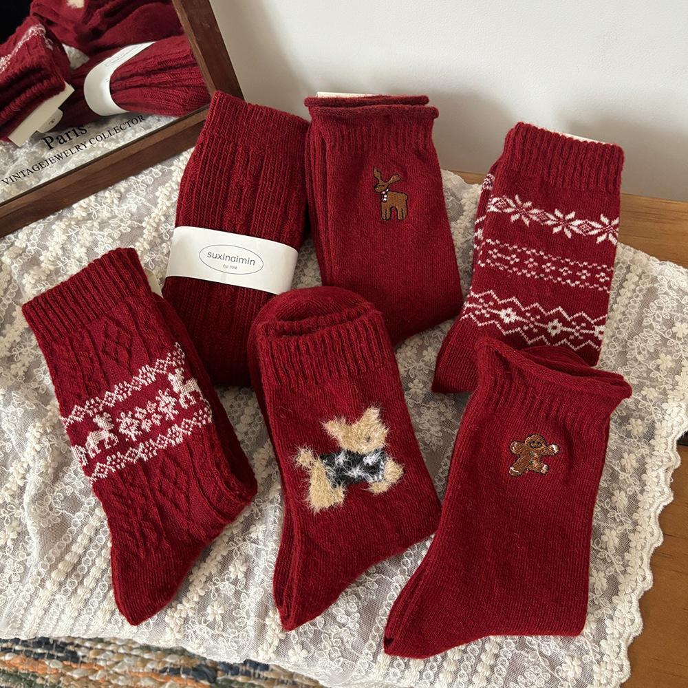 New Year's Wool Pile Socks for Autumn and Winter, Bright Red Warm Cartoon Embroidery Mid-calf Solid Color Striped Twisted Socks for Women