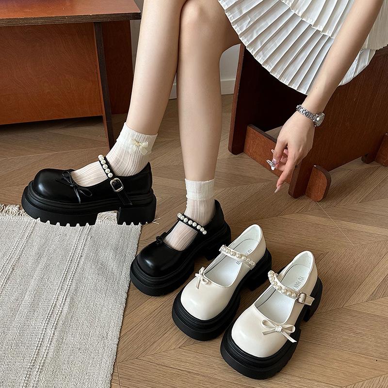 Retro bow round head platform small leather shoes women's 2025 new spring and autumn skirt French Mary Jane single shoes