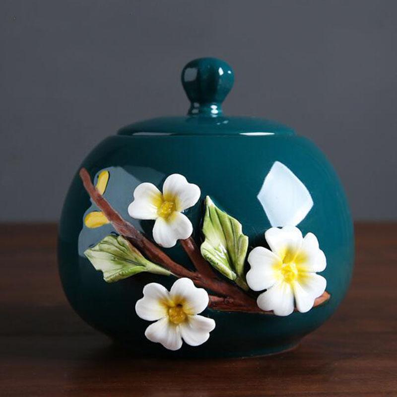 Handmade Ceramic Relief Flower Pattern Tea Caddy Sealed Storage Tea Canister Living Room Coffee Storage Jar Kitchen Teaware