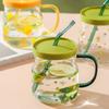 600/780ml Grass Pattern Mug With Straw And Lid Glass Tumbler With Graduated Heat Resistant Cup For Coffee Milk Drinkware