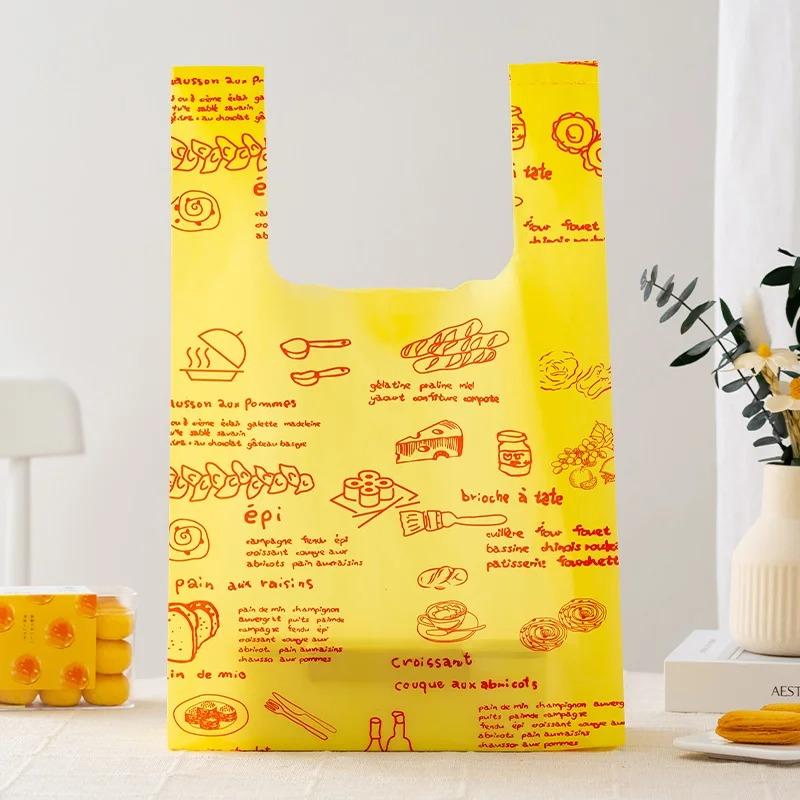 50pcs Disposable Peach Fruit Pattern Hand Bag Packaged Flower Takeaway Bags Snack Double Ear Plastic Vest Handle Shopping Pouch