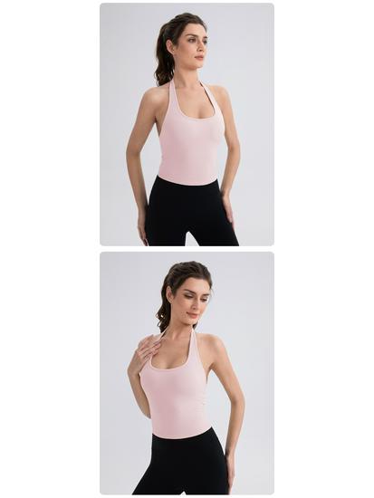 Damski Top Sportowy do Jogi z Dekoltem na Szyi i Wkładkami - Nude, Seksowny Tył Styl 52167