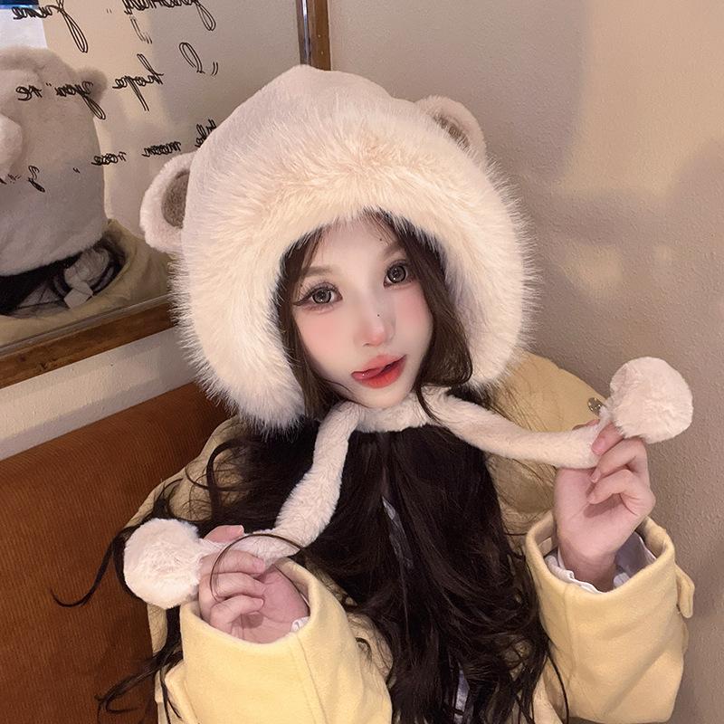 Cute plush bear hat Korean version thermal ear protection hat big head circumference cold protection pullover hat