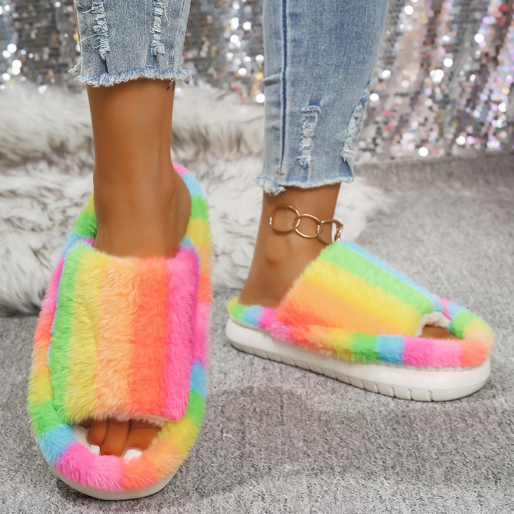 Fashion 2025 New Women Slippers Lightweight Indoor Slides Women Open Toe Flat Heel Warm House Shoes Fashion Mix Color Fur Slippers Women