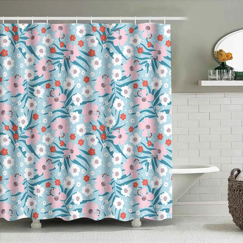 Floral Print Shower Curtain Waterproof Bathroom Decor Polyester Fabric Bath Towel for Home Decoration In Blue White Red Pink Col