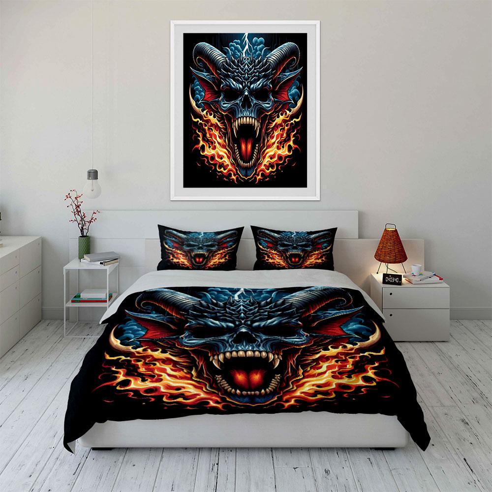 "Fire Skull Art Decor Set" Soft Skin-Friendly Bedding Set Includes 1 Duvet Cover And 2 Pillowcase Gift