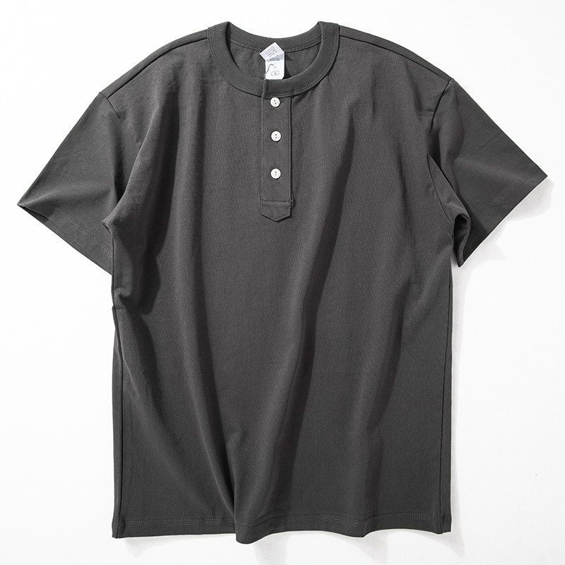 American-Style 300g Heavyweight Short-Sleeve T-Shirt for Men, Summer Casual Solid Color Versatile Top, Stylish Henley Collar Pure Cotton Half-Sleeve