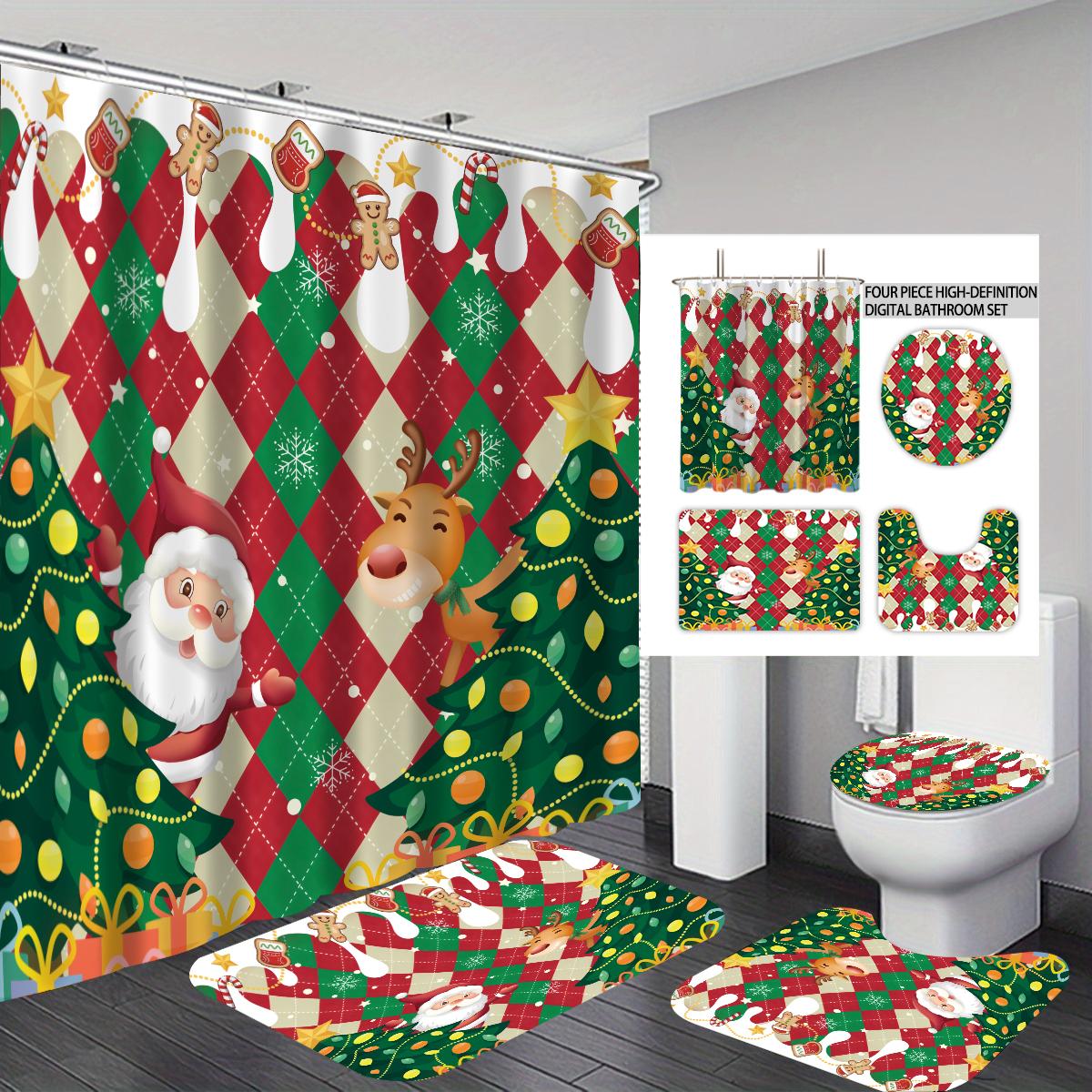 

Набор для ванной из 4 предметов с принтом «Счастливого Рождества Санта» 180X180 Водонепроницаемая шторка для душа Коврик для пола Коврик для сиденья унитаза U-образный коврик