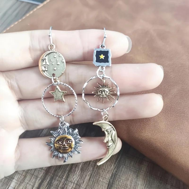 Greek Mythology Face Sun Moon Pendant Creative Design Women Asymmetric Personality Pendant Earrings Party Jewelry Gifts