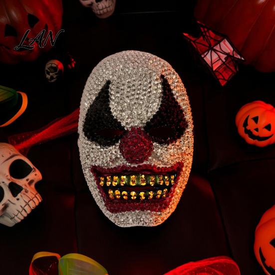 Clown Cosplay Mask Halloween Rhinestone Mask, Creepy Joker Full Face Sparkling Scary for Masquerade Costume Party