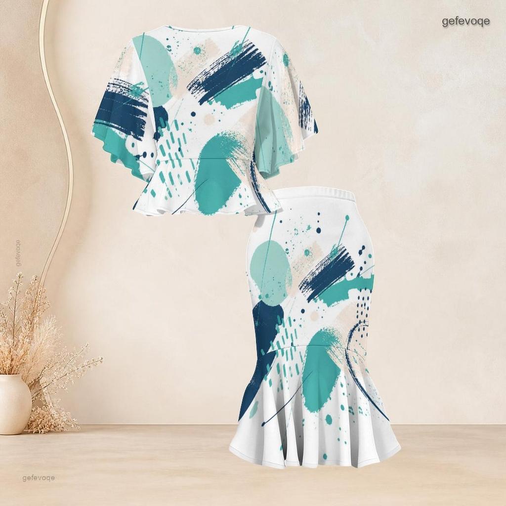 Women Plus Size Abstract Printed Round Neck Batwing Sleeve Ruffle Hem Top Fishtail Skirt Two Piece Set