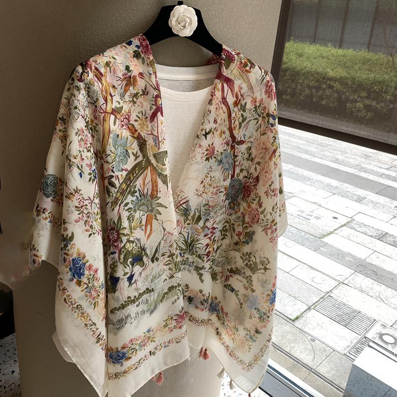 Old Qian Feng Cashew Nut Silk Scarf Women'S Spring, Autumn Winter Collocation Baotou Neck Protector Hanging Beard Ethnic Style Scarf Cardigan Shawl