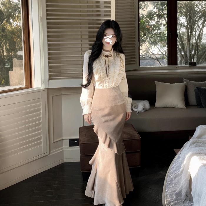 Elegant Women s New Year French Style Shirt and Fishtail Skirt Set Extra Large