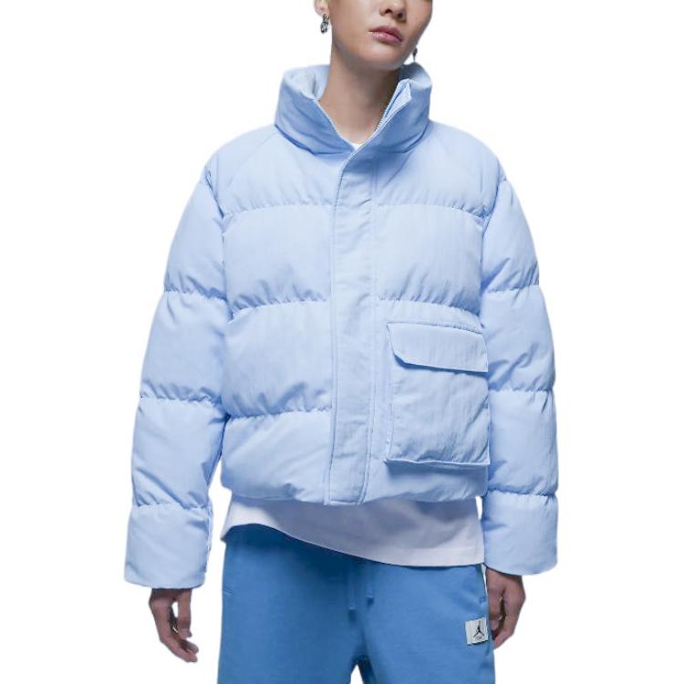 Jordan Flight Logo Embroidered Stand Collar Zip Water-Resistant Cotton Jacket Women Outerwear Ice-Blue DR0547-411