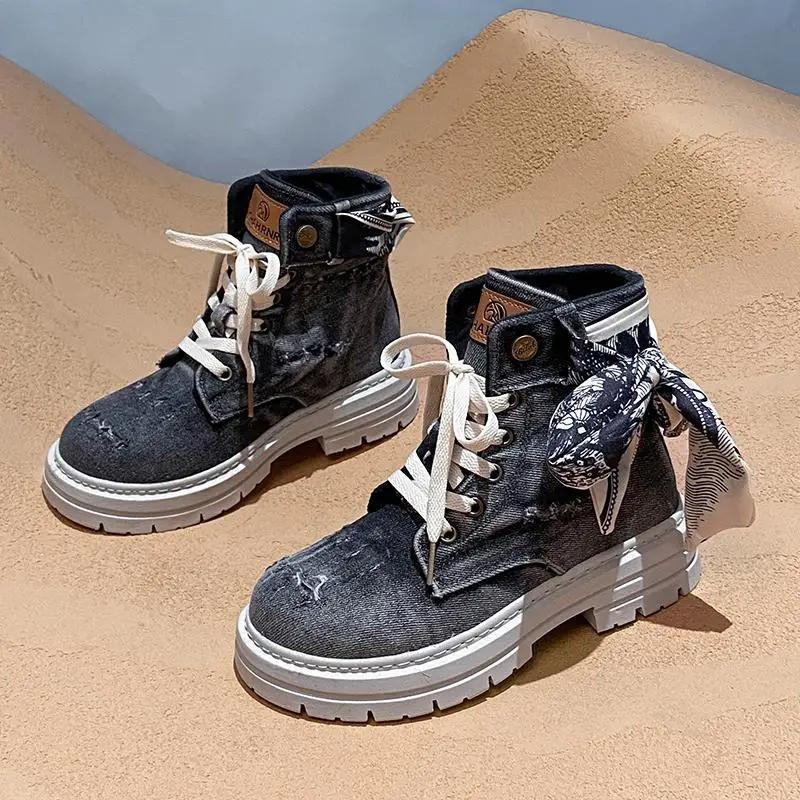 

Woman Shoes 2025 Women s Autumn Retro Denim British Style Foreign Style Small Short Boots Thick-soled Heightening Boots 35 чёрный