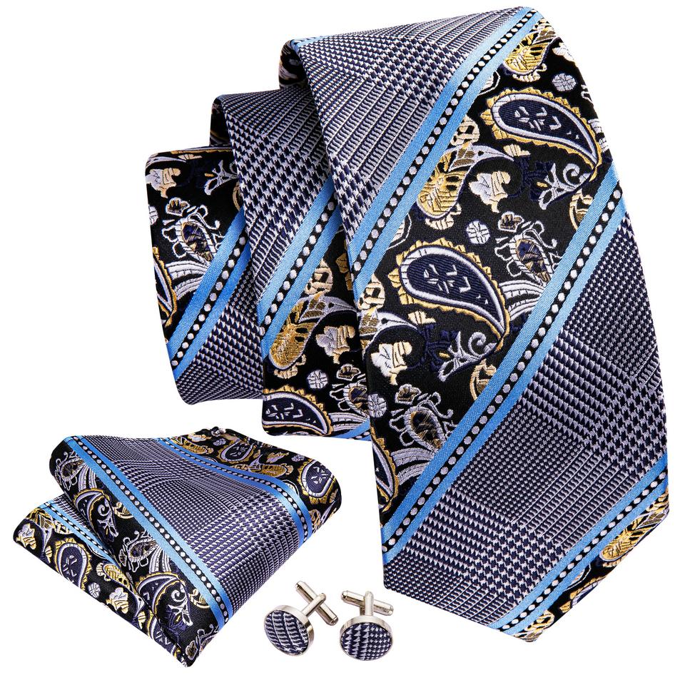 Cool Necktie Tie Bar Set for Men Jacquard Woven Silk Tie Pocket Square Cufflinks Set Barry.Wang