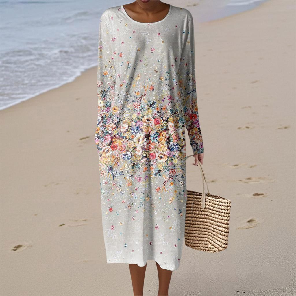 Women's Fashion Casual Long Sleeve Retro Floral Print Round Neck Pocket Elegant Temperament Dress