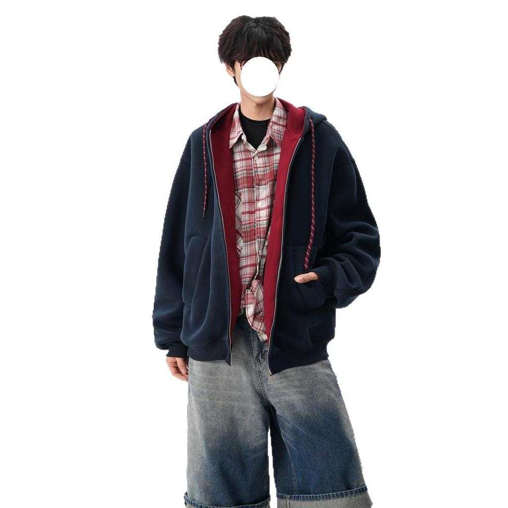 Moletom Color Block Unissex de Outono: Jaqueta Esportiva Solta Estilo College com Zíper Duplo