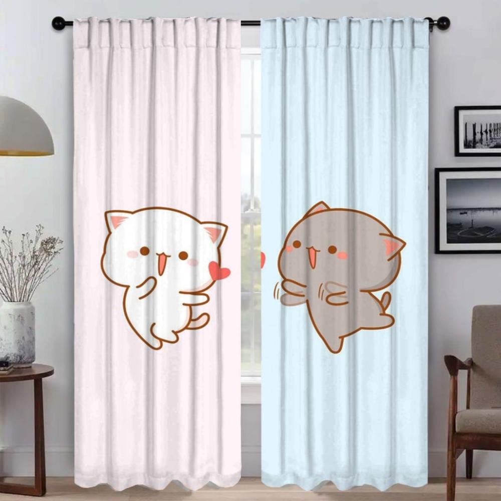 Zasłony Kuchenne 2 Sztuki Brzoskwiniowy Kot Mochi Zasłona do Salonu Tiul do Sypialni Dekoracja Halloween Zasłony do Wnętrza Domu