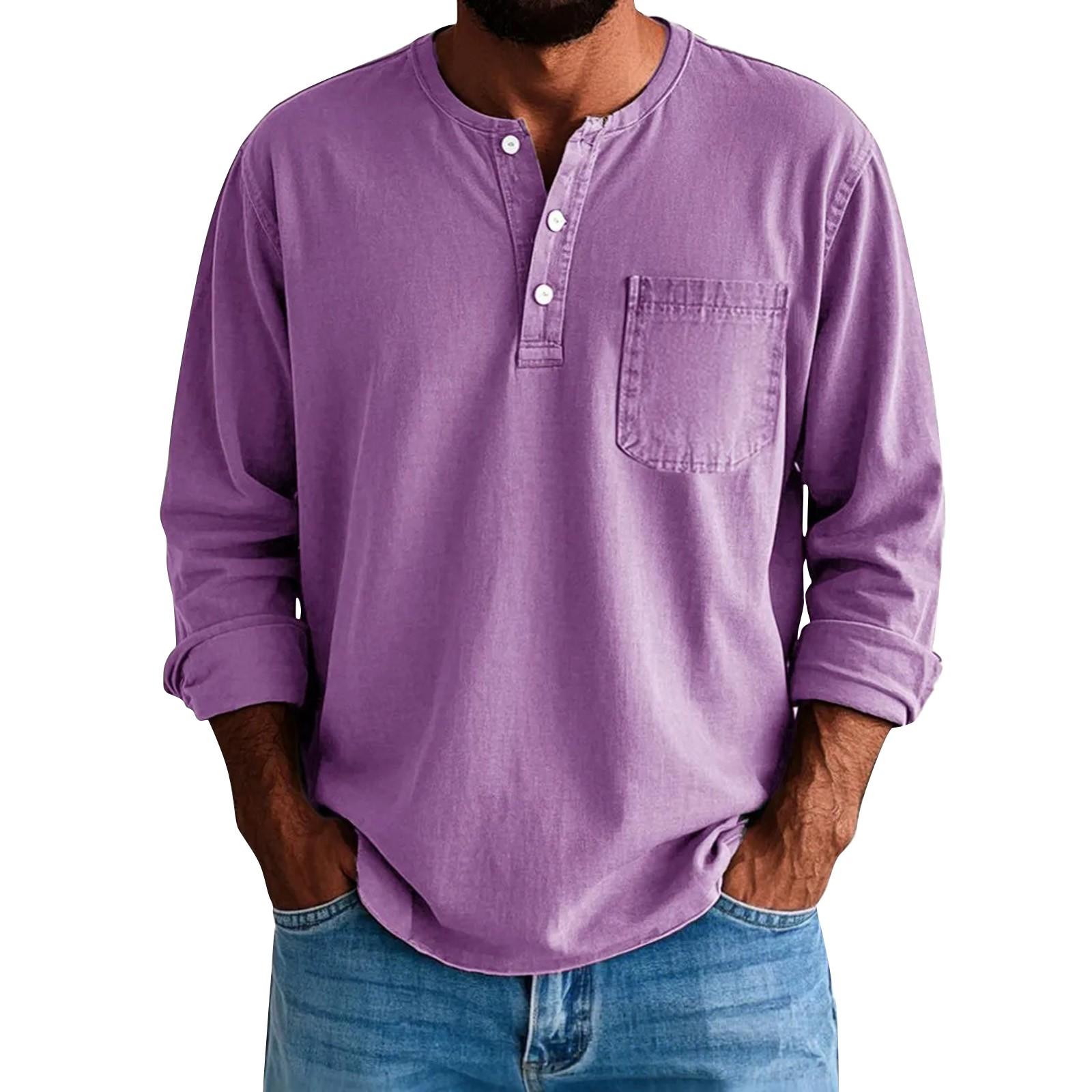 

Мужские однотонные потертые топы с воротником на пуговицах и длинным рукавом, повседневные модные топы для мужчин XL фиолетовый