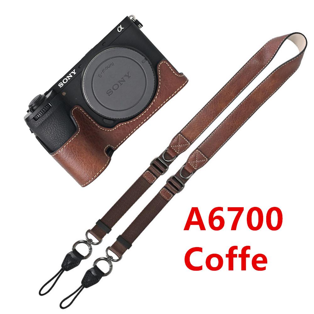 Půl pouzdro na fotoaparát z PU kůže s texturou liči pro Sony A6700 A6400 A6300 A6100 A6000 ZVE10 ZVE10II ZVE10M2 Spodní otevírací kryt s popruhem