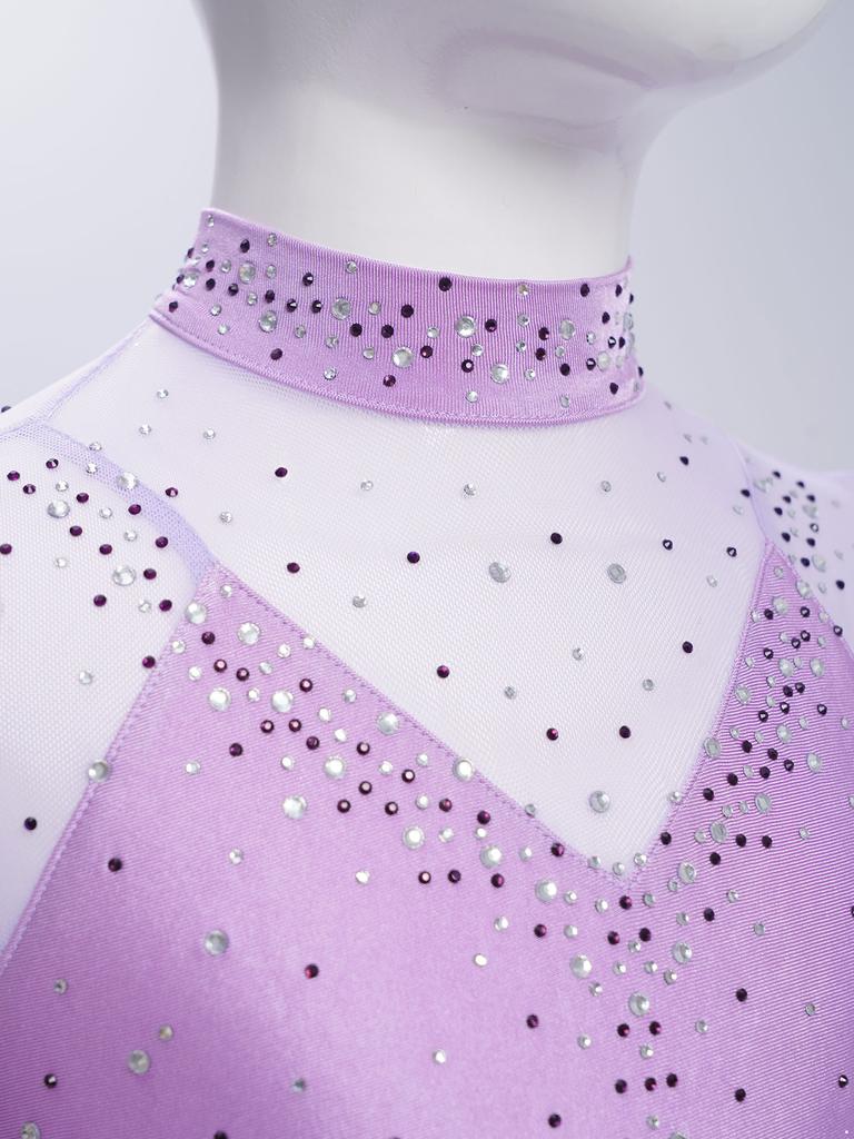 Jenter Skøytekjoler Dansedrakter Mock Neck Langermet Fargeblokk Gjennomsiktig Mesh Patchwork Skinnende Rhinestones Kjole