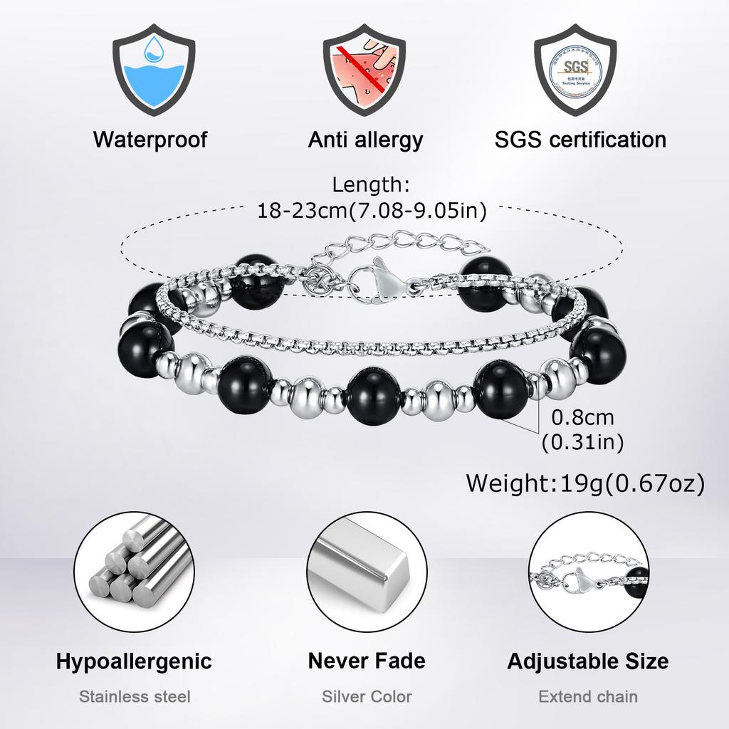 Stainless Steel Layered Bracelet for Men Boys,Metal Beads Natural Stone Bracelets,Hiphop Fashion Jewelry